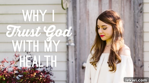 A photo of Michelle in a white top looking down with text saying "why I trust God with my health"