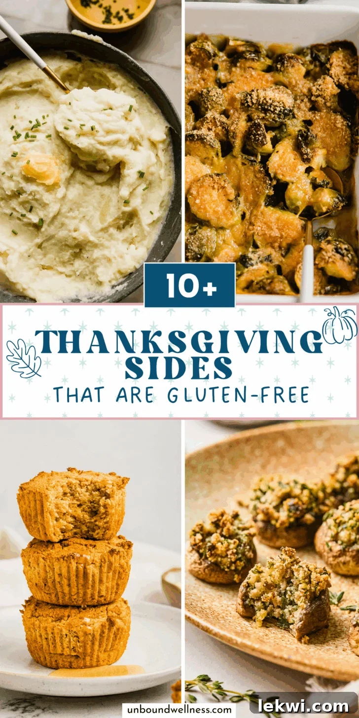 A vibrant collage of gluten-free Thanksgiving side dishes including mashed sweet potatoes, roasted Brussels sprouts, cornbread muffins, and stuffed mushrooms, all beautifully arranged to inspire your holiday feast.