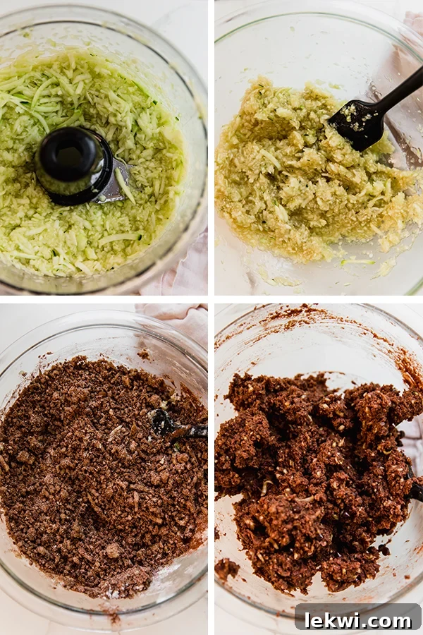 Collage of creating chocolate zucchini bread dough.