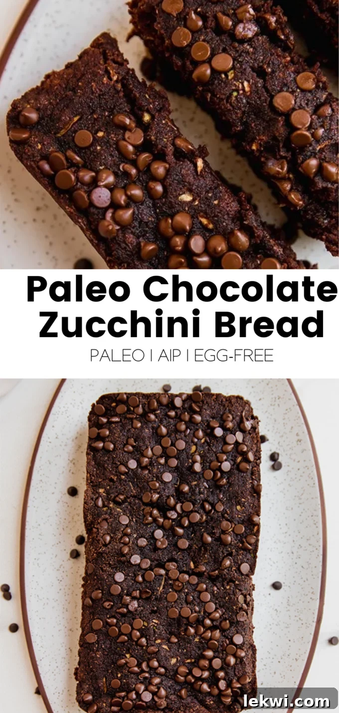 Collage with text "Paleo Chocolate Zucchini Bread Paleo | AIP | Egg-Free."