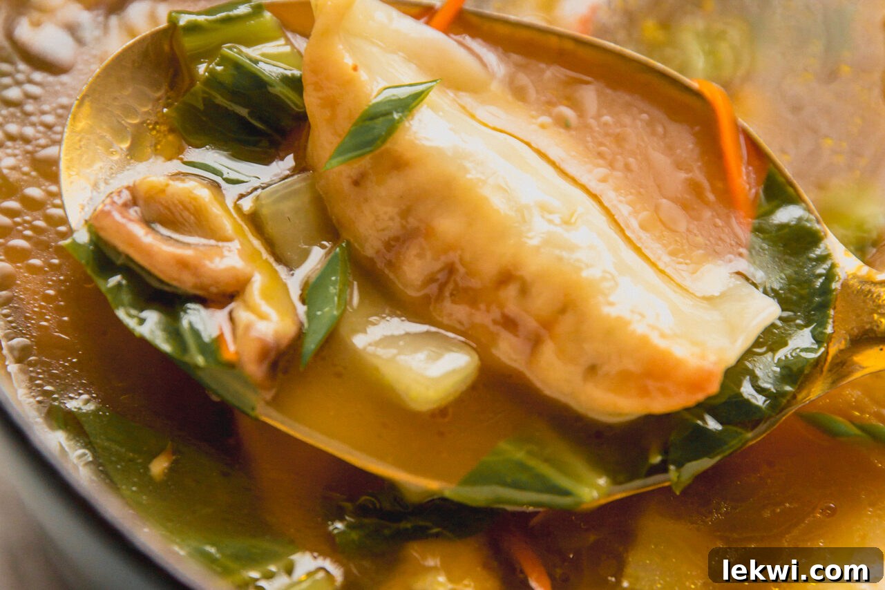 A metal serving spoon lifting a plump potsticker, rich broth, and tender vegetables from the simmering soup in a pot.