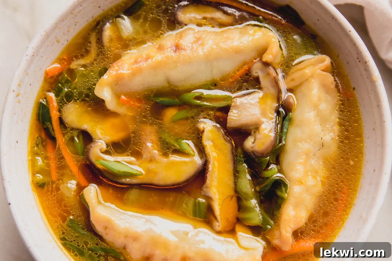 A beautifully presented bowl of hot potsticker soup, garnished with fresh green onions, ready to be enjoyed.