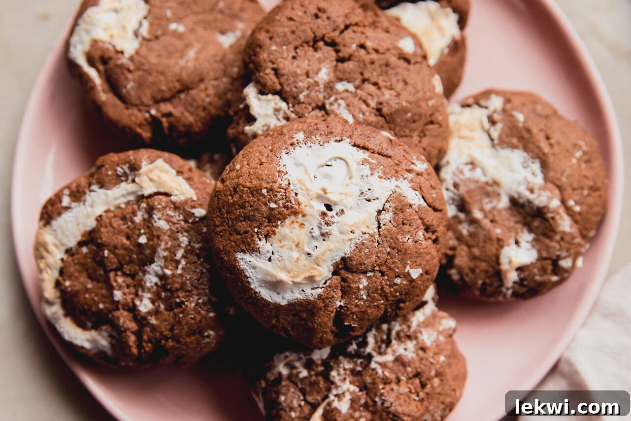 A pink plate adorned with a neat stack of finished chocolate marshmallow fluff cookies, ready for serving.