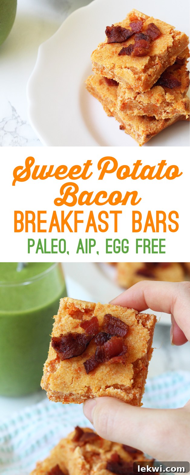 Sweet Potato Bacon Bars with text overlay indicating paleo, AIP, and egg-free qualities, perfect for healthy breakfast ideas.