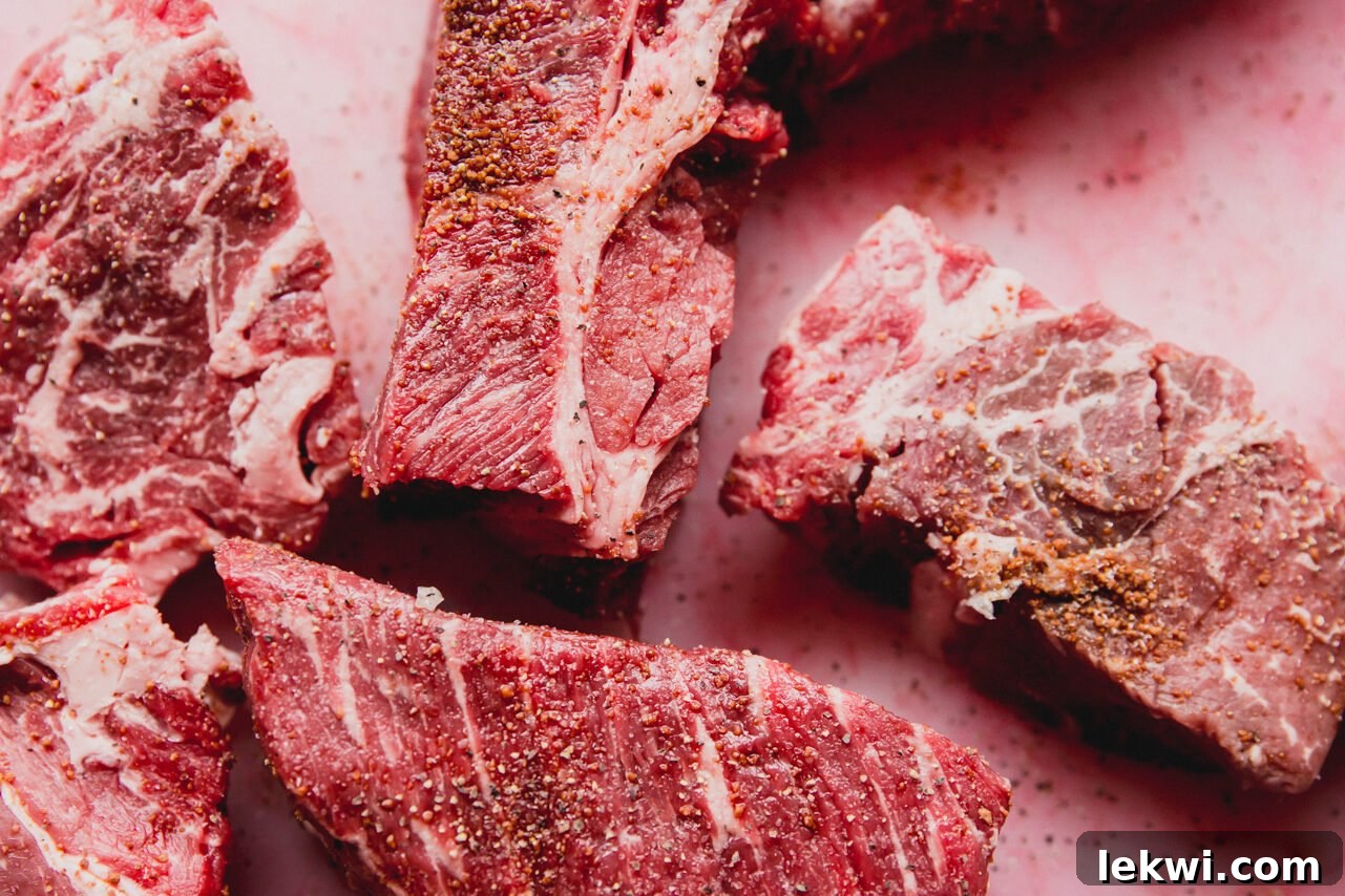 Pieces of raw chuck roast cut into large chunks on a cutting board.