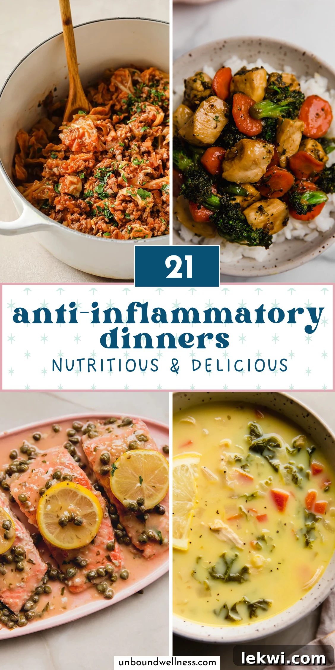 Pictures of four anti-inflammatory dinners with text reading '21 anti-inflammatory dinners nutritious & delicious'