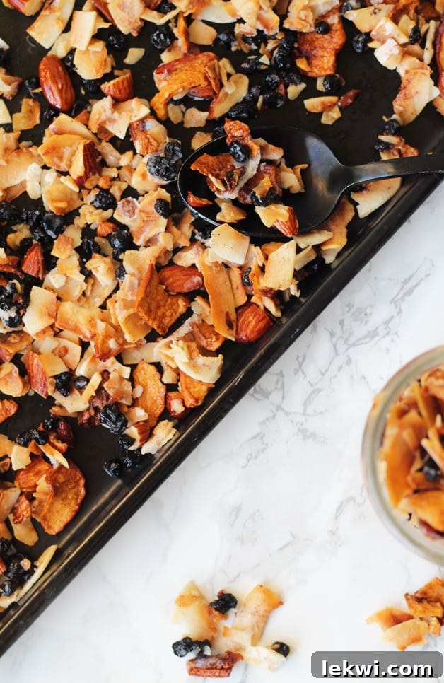 A sheet pan with homemade granola on it after baking, featuring blueberry and coconut.