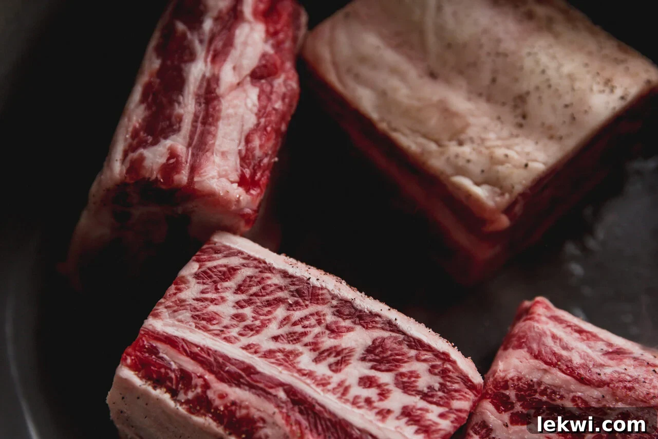 A Dutch oven with short ribs added to it to sear.