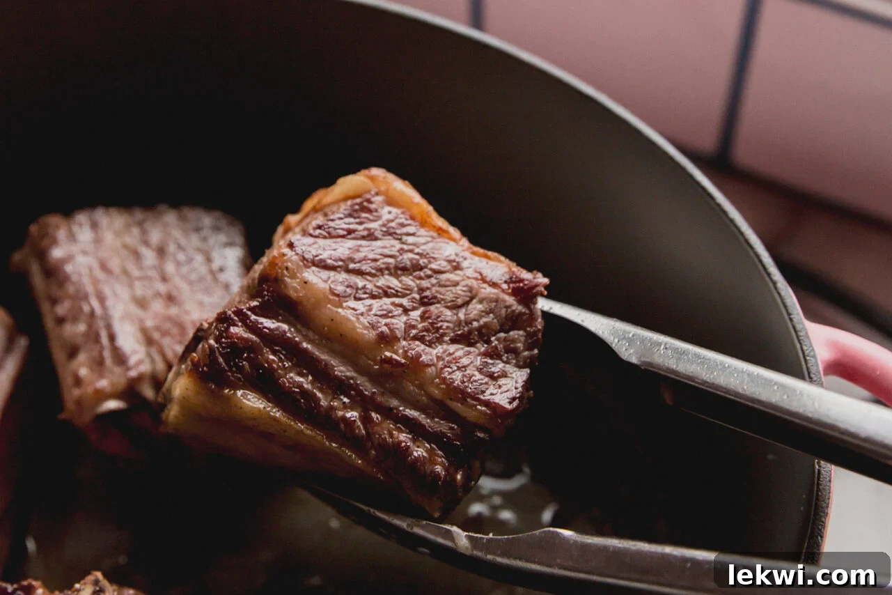 Metal thongs searing short ribs in the Dutch oven.