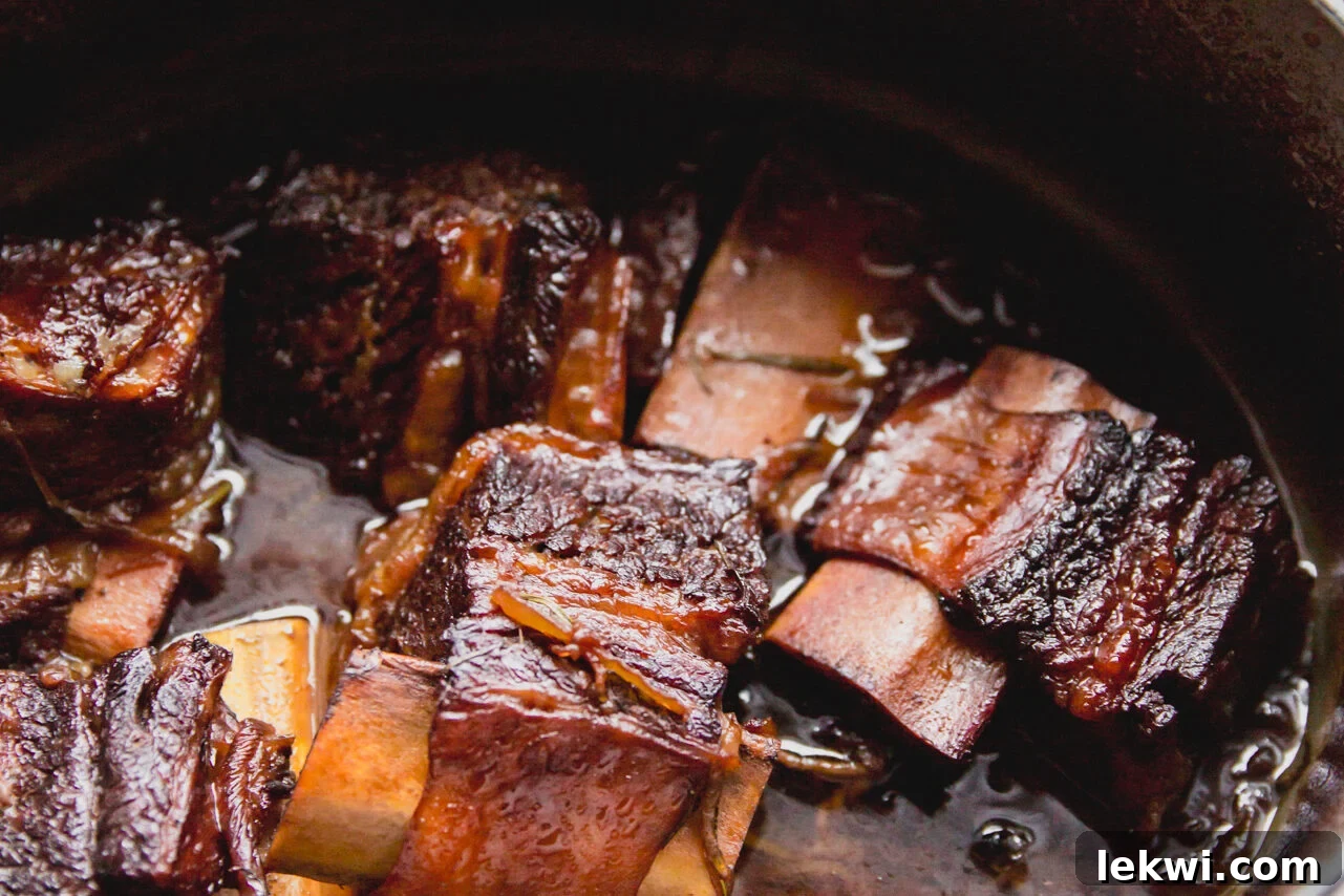Short ribs in the Dutch oven after cooking.