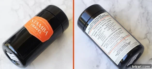 Seyahat karışımı şişesi, ön ve arka fotoğraflarıyla birlikte.