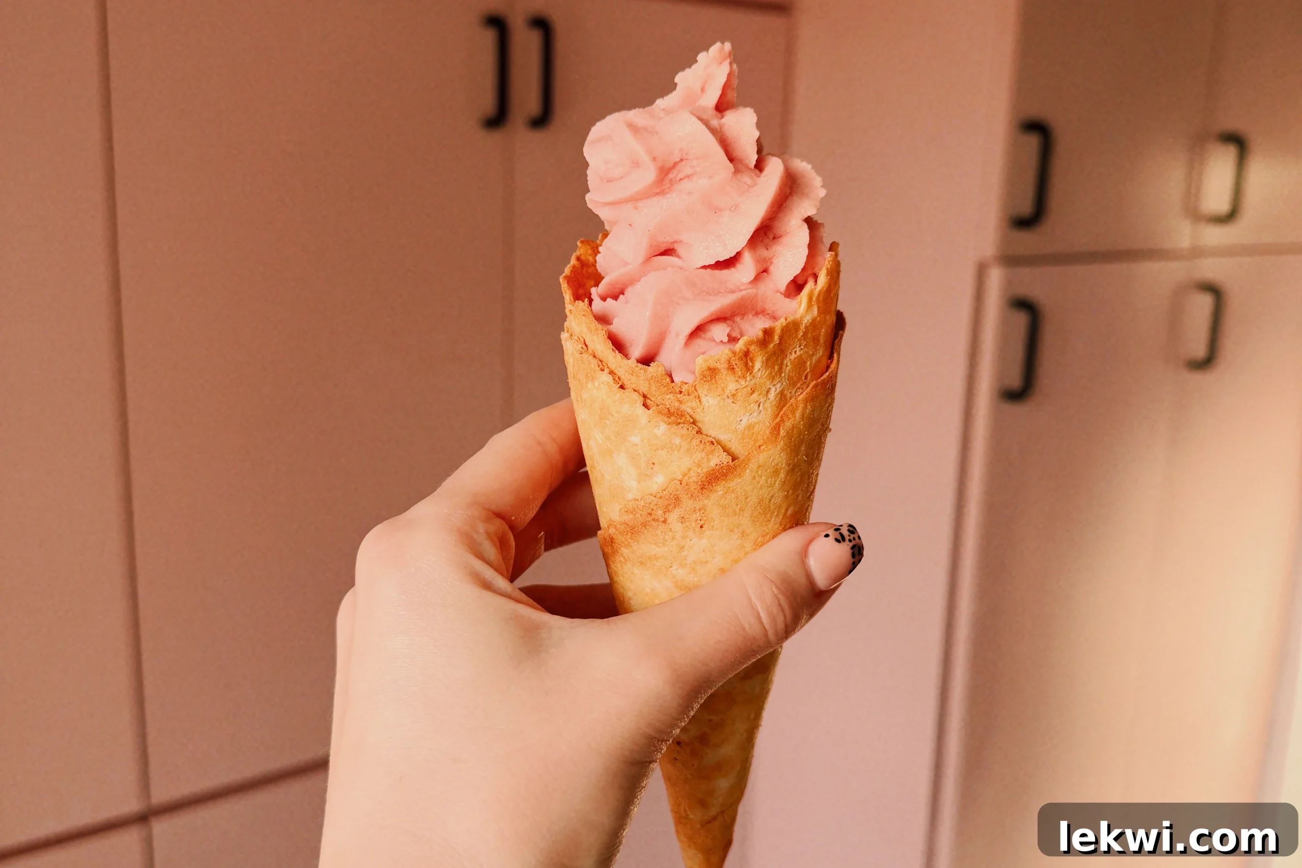 Ninja Creami Dairy Free Strawberry Ice Cream 7 A crispy, gluten-free ice cream cone elegantly filled with a tall, spiraling swirl of creamy strawberry ice cream, showcasing its perfect soft-serve consistency.