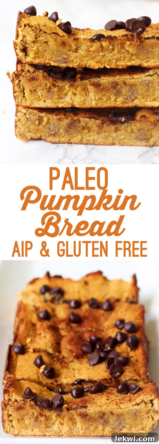 Pinterest optimized image for Paleo Chocolate Chip Pumpkin Bread (AIP, Gluten Free), featuring a stack of sliced bread and fall decor.