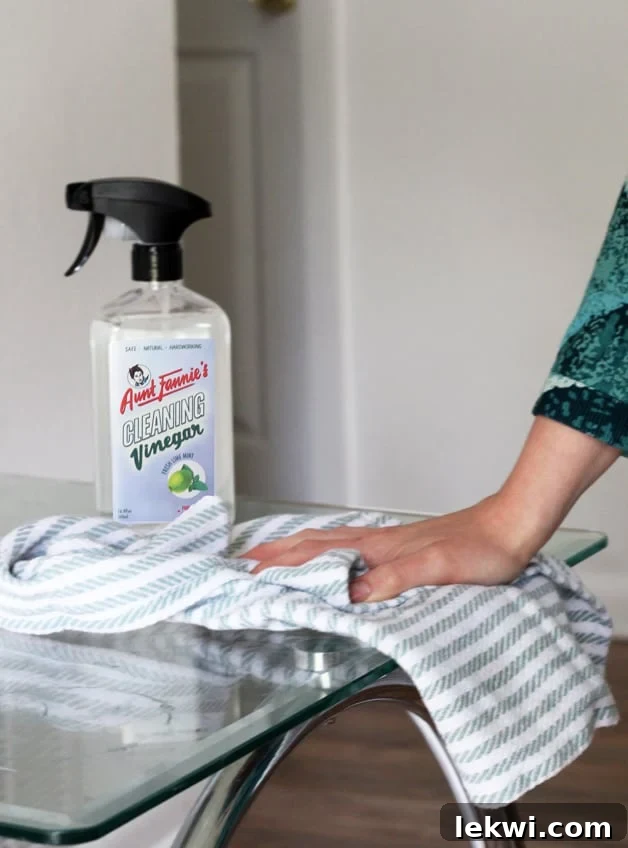A bottle of Aunt Fannie\'s cleaning vinegar on a glass table with a cleaning cloth, illustrating the product in a clean home setting.