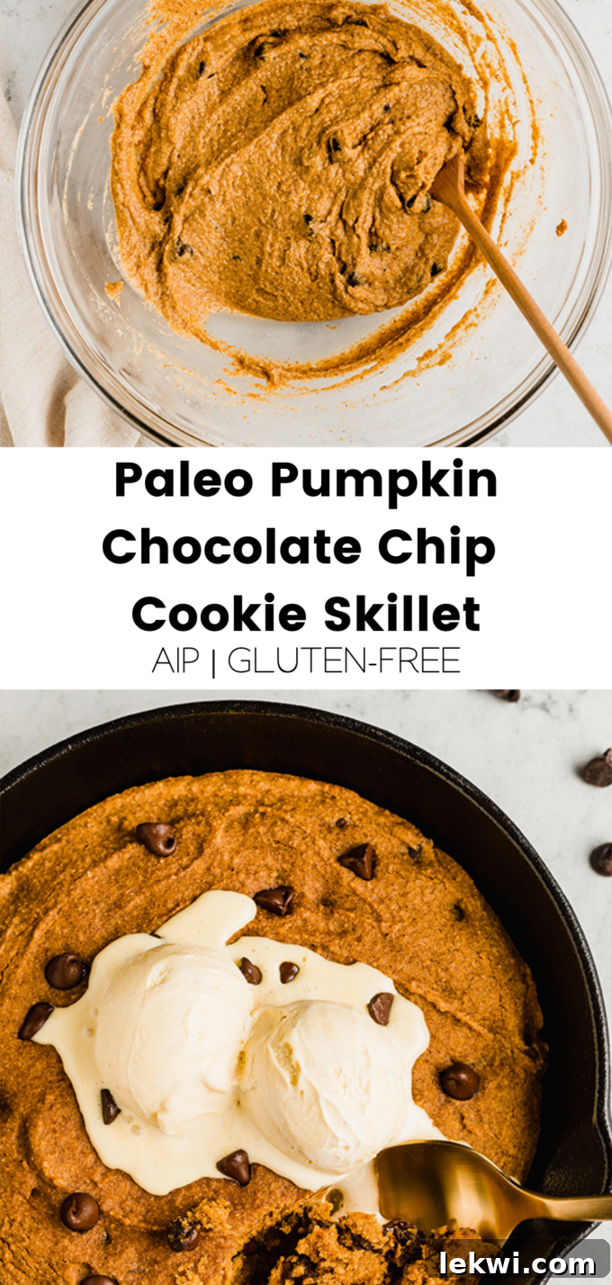 Collage of various stages of making the cookie skillet with text overlay: "Paleo Pumpkin Chocolate Chip Cookie Skillet AIP | Gluten-Free." to visually guide the reader.
