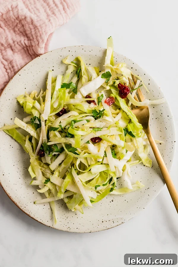 A close-up shot of Thanksgiving coleslaw served on a plate with a fork, emphasizing its fresh ingredients and textures.