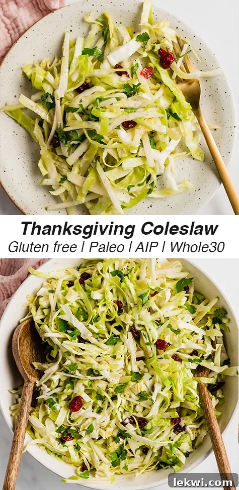 A white serving bowl filled with Thanksgiving coleslaw with wooden serving spoons, with text overlay reading "Thanksgiving coleslaw gluten free paleo aip whole30".