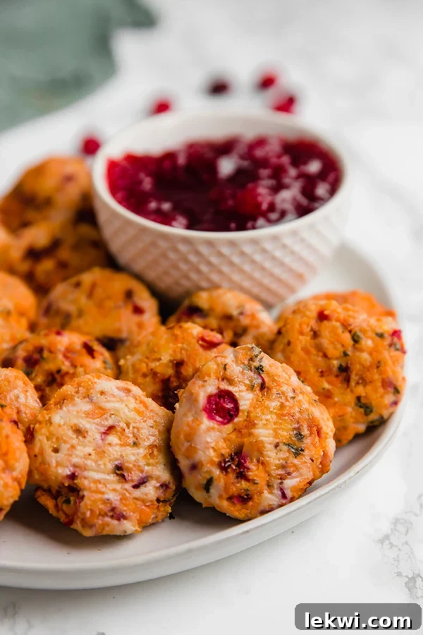 A beautifully presented white plate filled with golden-brown cranberry sweet potato turkey poppers, alongside a small white dish of vibrant cranberry dipping sauce.
