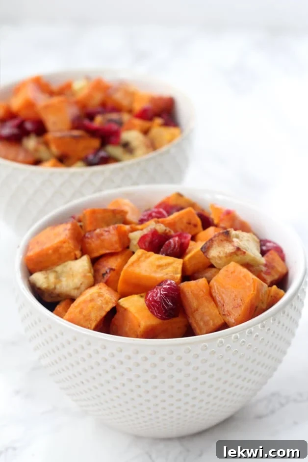 Two bowls of roasted cinnamon sweet potato and apple with cranberries, ready to serve.