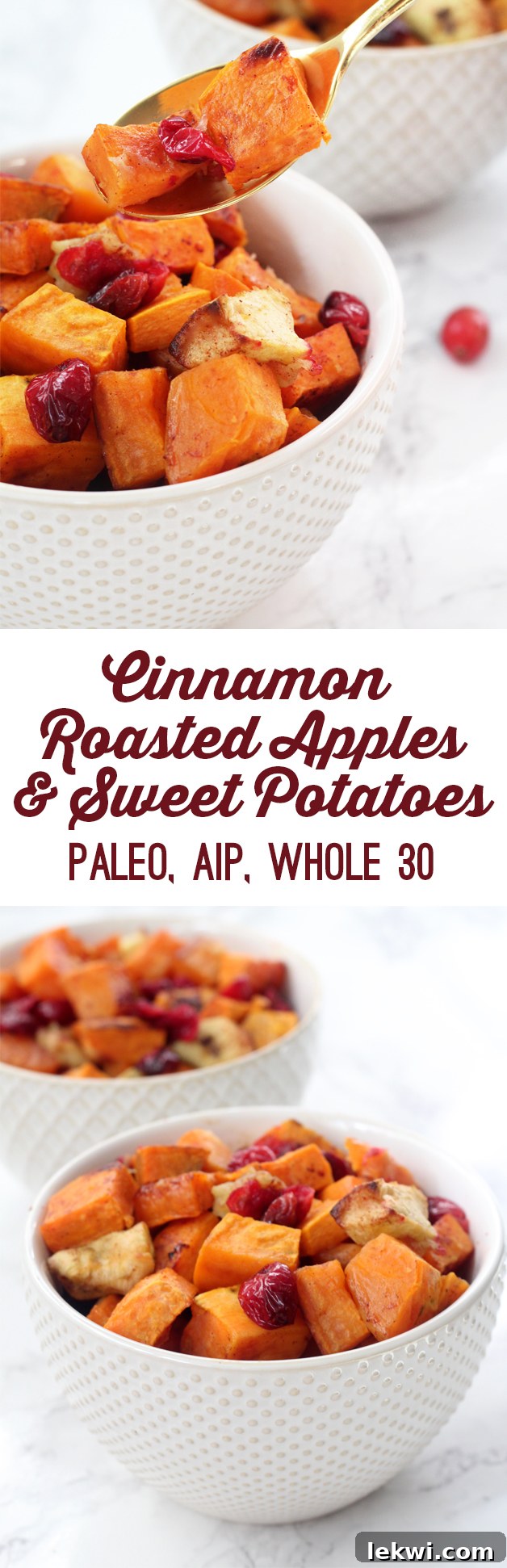 A large serving dish filled with roasted cinnamon sweet potatoes, apples, and cranberries, garnished with fresh herbs.