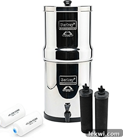 A berkey water filer with extra filters sitting next to it.