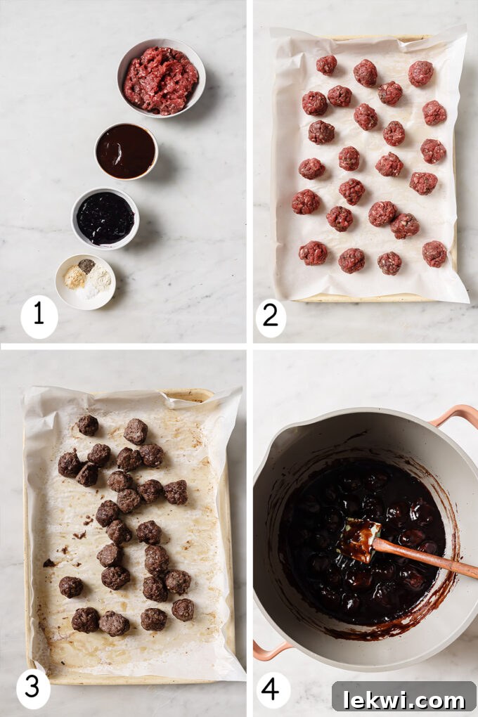 Step-by-step photos illustrating the process of mixing and baking cocktail meatballs.