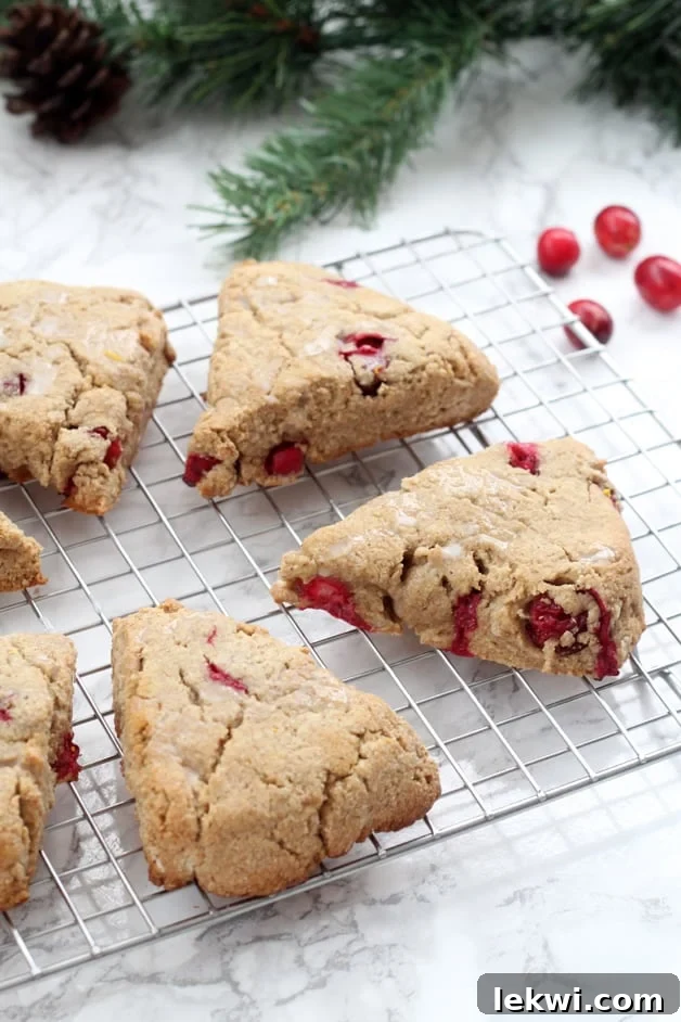 Two orange cranberry scones, one split open to show the cranberry interior, on a white surface.