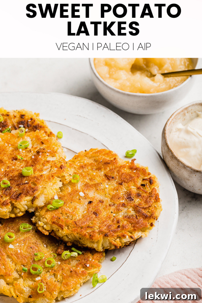 Latkes with text "Sweet Potato Latkes Vegan | Paleo | AIP."