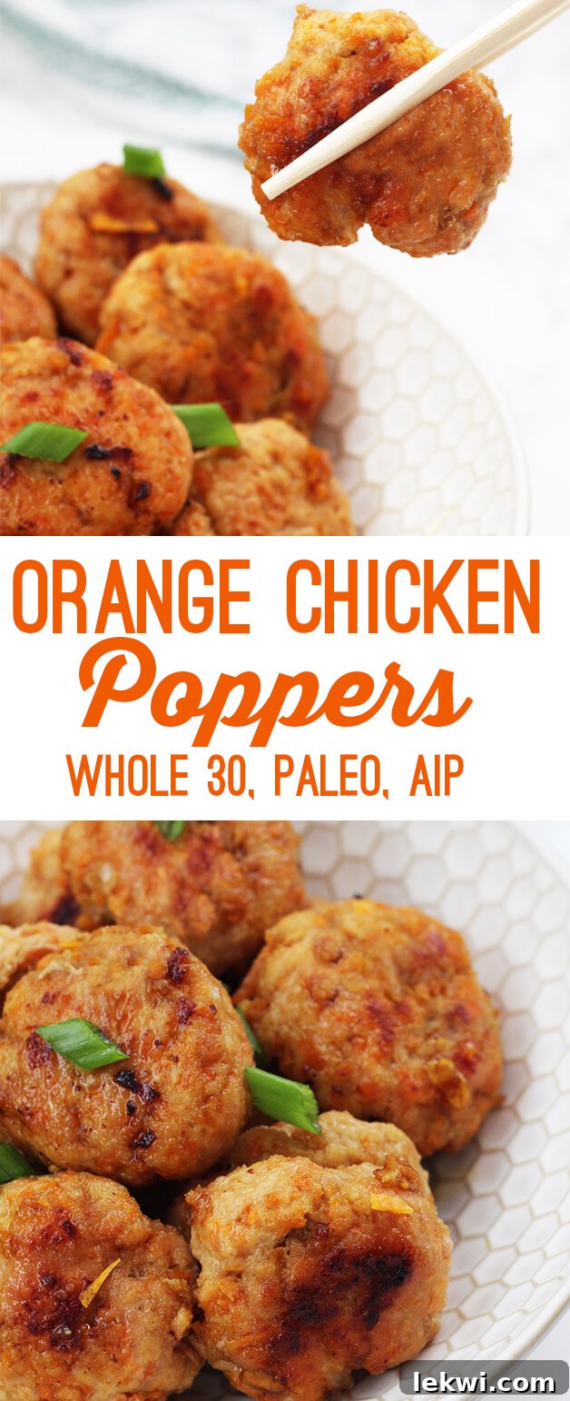 A visually appealing Pinterest-friendly image of Paleo Whole30 AIP Orange Chicken Poppers with green onion garnish and a title overlay.