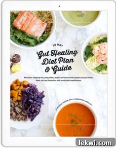 Different shots of food with text saying \"30 day gut healing diet plan & guide\"