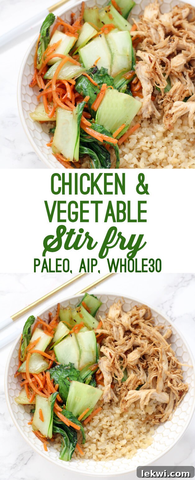 Simple Paleo, Whole30, and AIP Chicken and Vegetable Stir-Fry 6 A beautifully plated Easy Chicken & Vegetable Stir Fry, showcasing all its delicious components in a close-up, top-down view. Perfect for Paleo, Whole30, and AIP diets, highlighting its healthy and appetizing appeal.