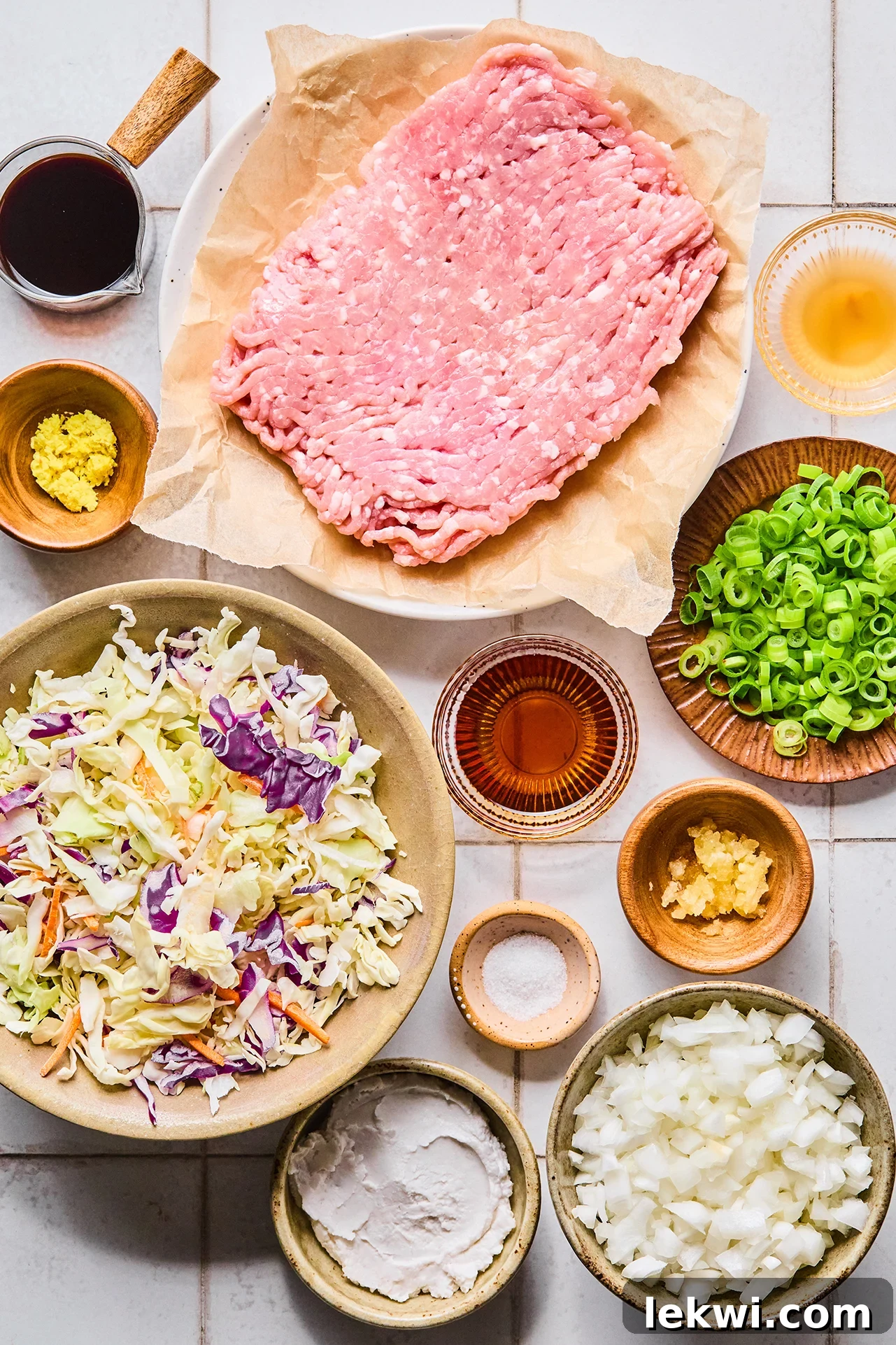 All the ingredients needed for Egg Roll in a Bowl out on the counter before beginning cooking.
