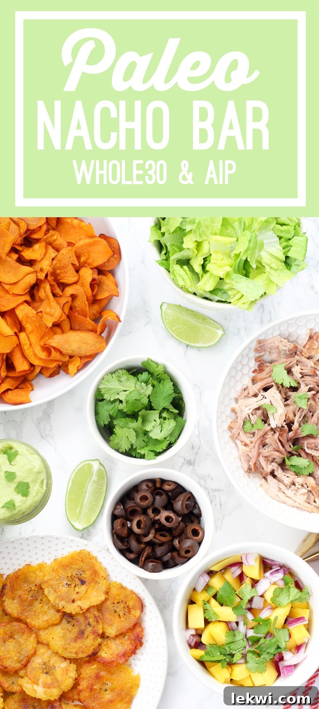 Large spread of a Super Bowl Party Paleo Nacho Bar, with all components ready for guests to build their own Whole30 & AIP compliant nachos