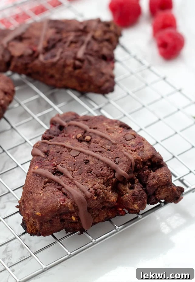 A close-up of a Paleo Chocolate Raspberry Scone, cut in half to show its tender interior filled with chocolate chips and raspberries, on a white plate with more fresh raspberries.