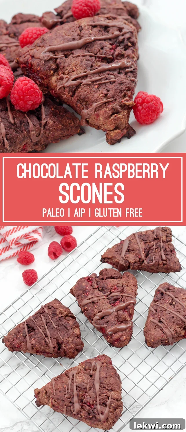 A beautifully styled shot of multiple Paleo Chocolate Raspberry Scones on a serving platter, surrounded by fresh raspberries, ready to be enjoyed.