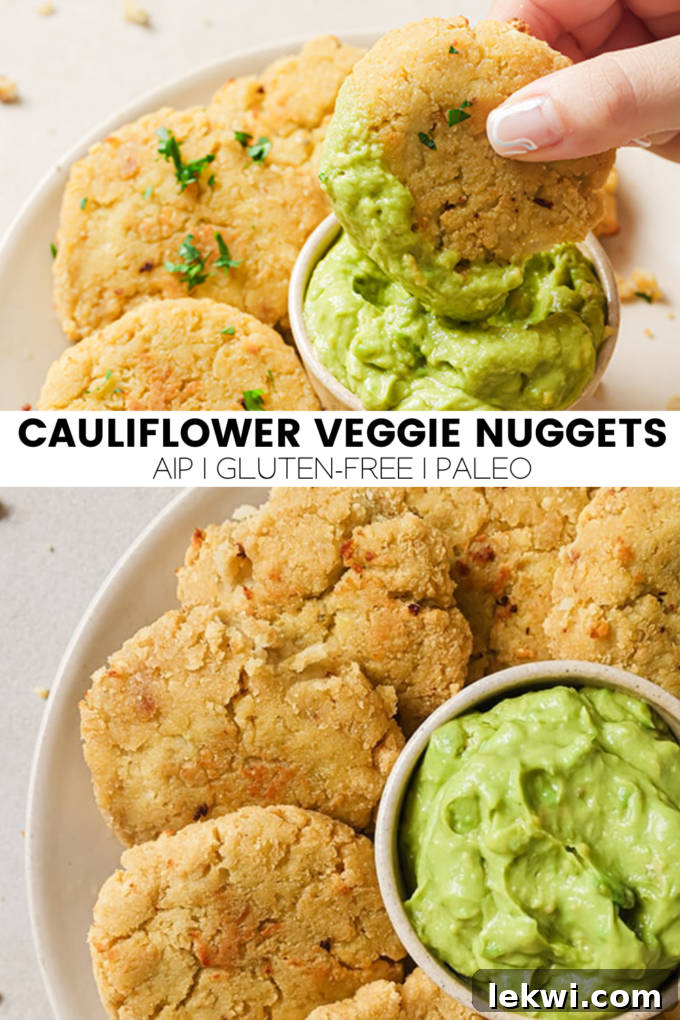 An eye-catching collage with text "Cauliflower Veggie Nuggets AIP | Gluten-Free | Paleo," perfect for sharing on social media or Pinterest, highlighting the recipe