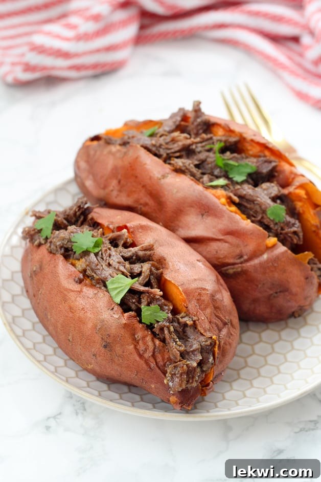 Two sweet potatoes on a plate stuffed with bbq beef and topped with fresh cilantro. An inviting, wholesome meal presentation.