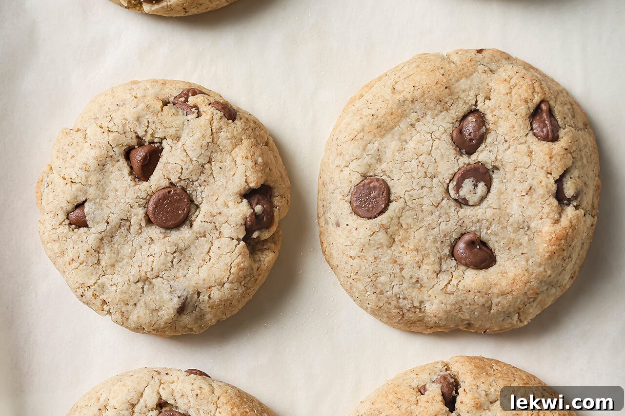 Freshly baked AIP chocolate chip cookies cooling on a baking sheet with white parchment paper, maintaining their shape.