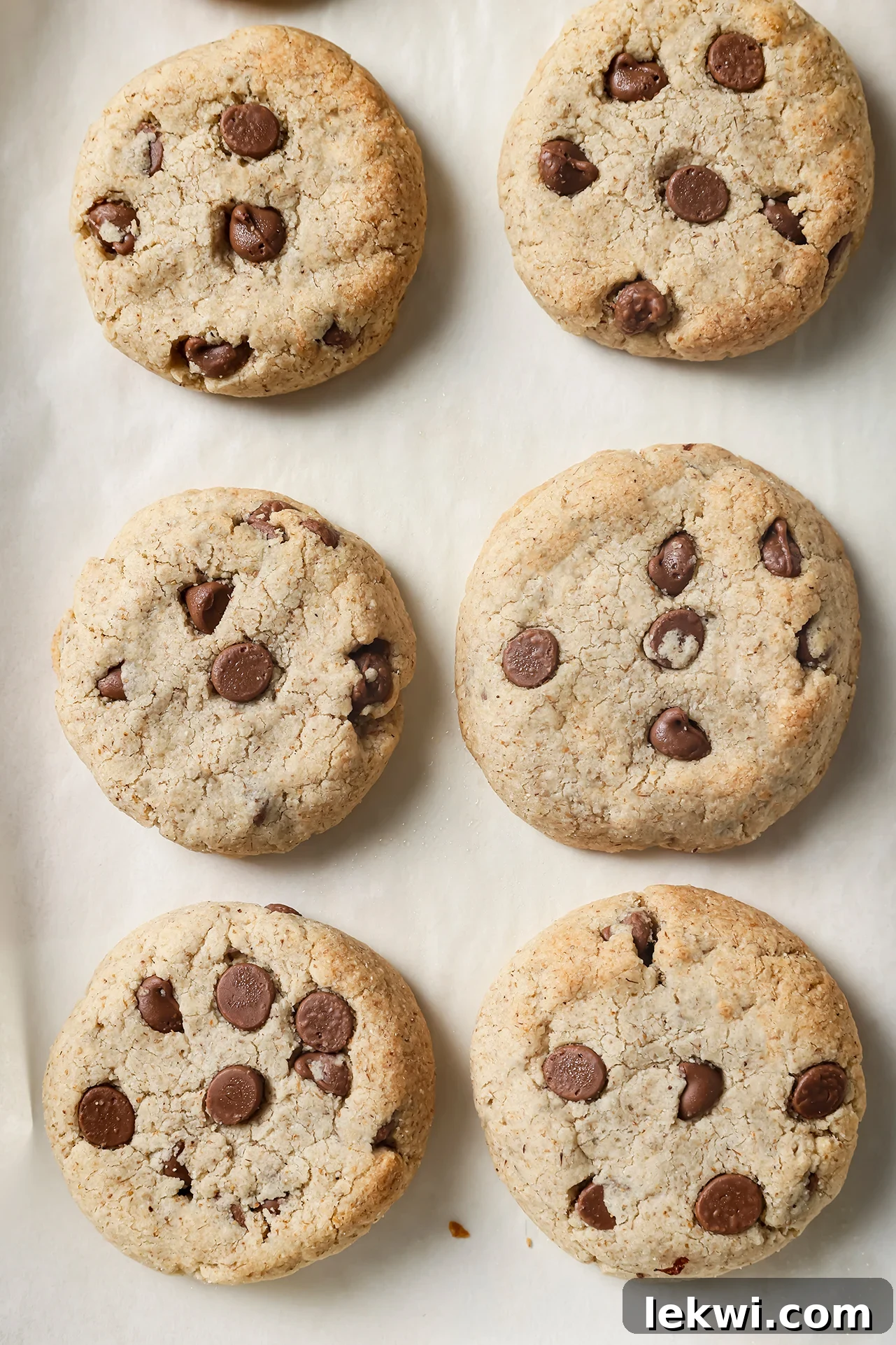 AIP chocolate chip cookies fully baked on a baking sheet with white parchment paper.