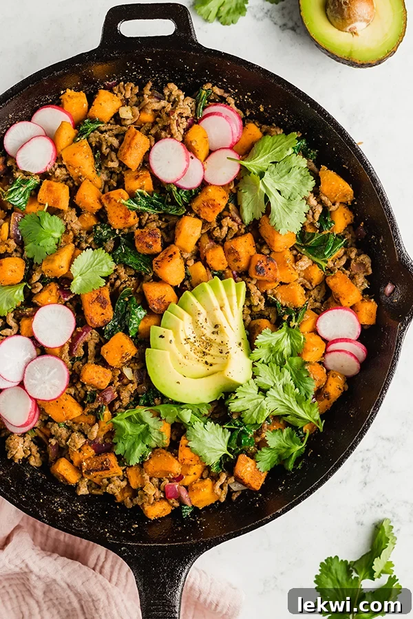 Vibrant Mexican-inspired breakfast skillet, ready to serve.