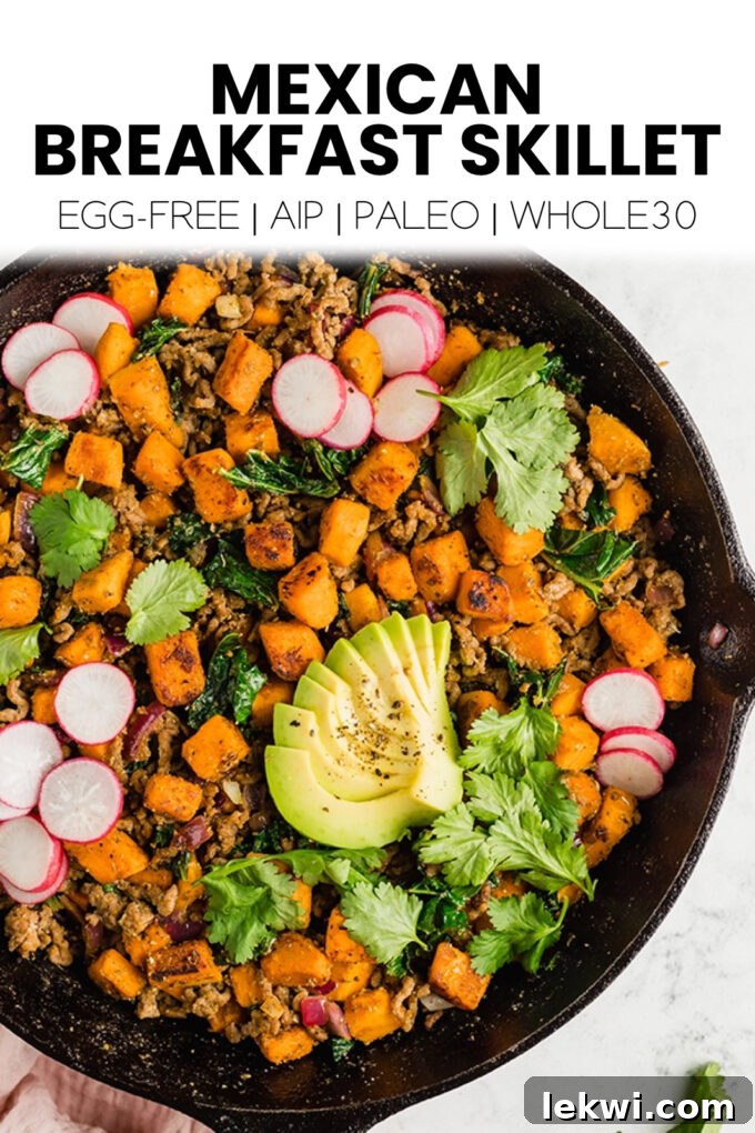 Skillet of food with text "Mexican Inspired Breakfast Skilled Egg-Free | AIP | Paleo | Whole30."