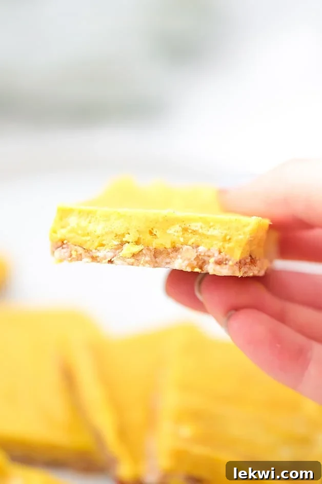 A hand holding a single golden turmeric bar, displaying its distinct layers of crust and filling, ready to be enjoyed as a healthy snack.