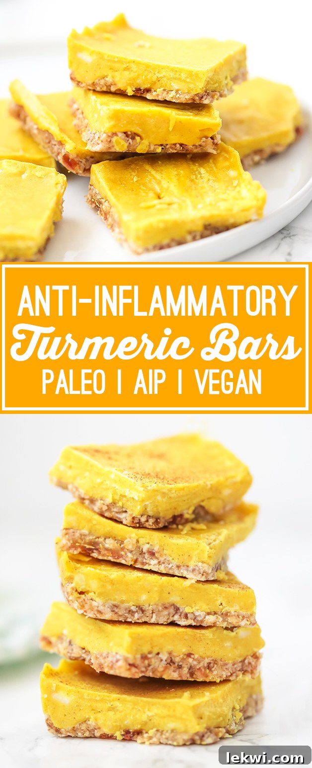 Vibrant turmeric bars stacked, with text overlay: "Anti-Inflammatory Turmeric Bars: Paleo, AIP, No-Bake, Healthy Snack" perfect for sharing on social media and inspiring healthy eating.