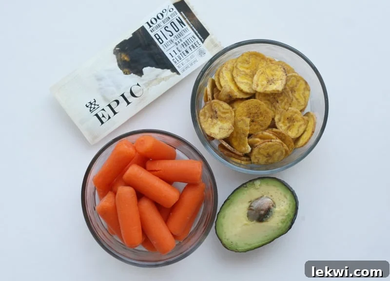 No-Cook AIP Lunch with EPIC Bar, Avocado, Carrots, and Plantain Chips