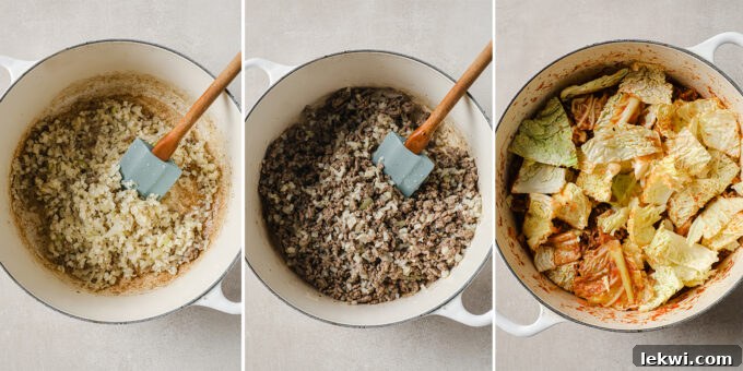 Three side by side photos of unstuffed cabbage rolls being cooked. 