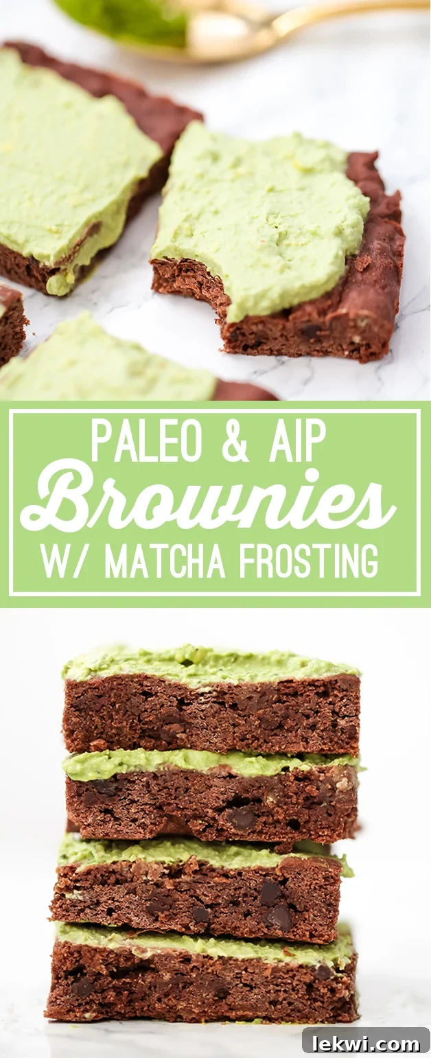 Beautifully styled AIP Paleo Brownies with Matcha Frosting, perfect for pinning and sharing.