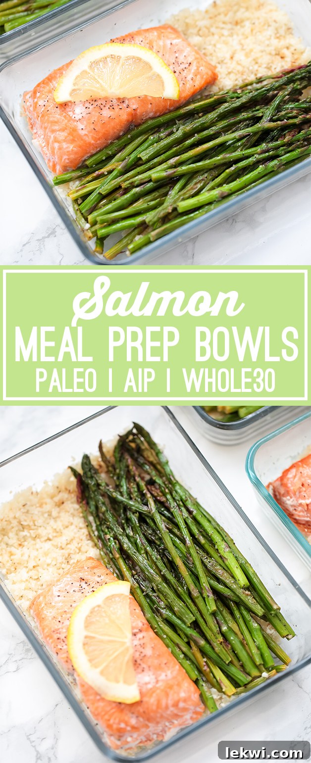 Meal prep containers filled with salmon, asparagus, and cauliflower rice, with text saying "Salmon Meal Prep Bowls Paleo AIP Whole30" positioned next to them.