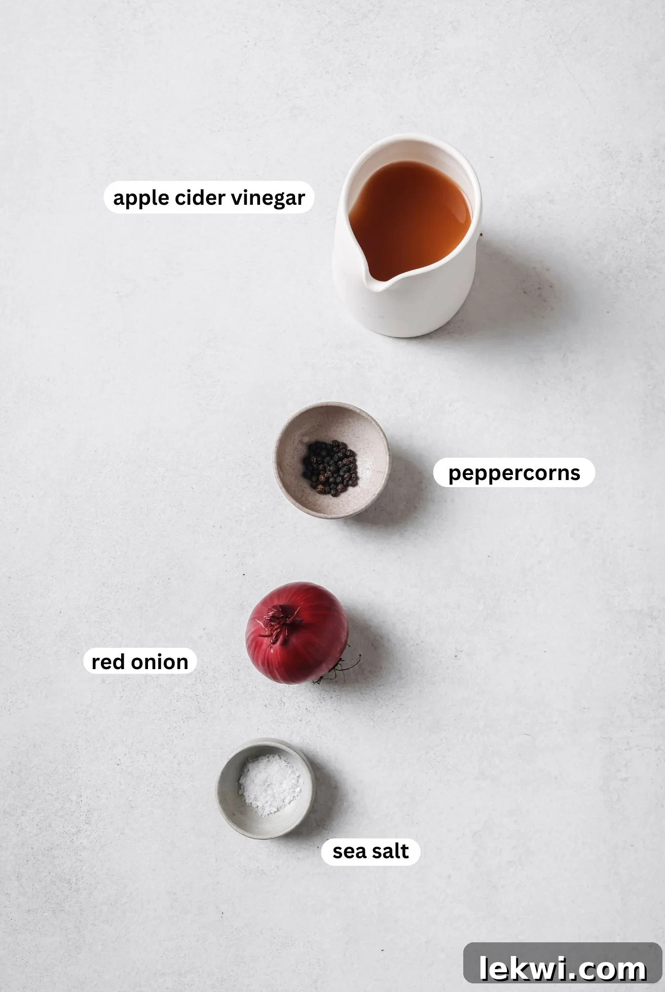 Ingredients laid out for making apple cider vinegar pickled onions, including red onion, peppercorns, salt, and apple cider vinegar.