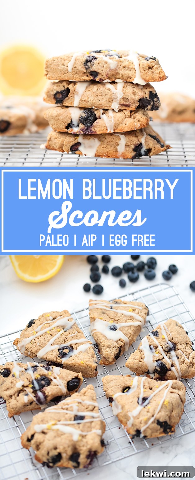 Visually appealing Pinterest graphic featuring lemon blueberry scones on a cooling rack with text overlay saying "Lemon Blueberry Scones Paleo AIP Egg-Free".