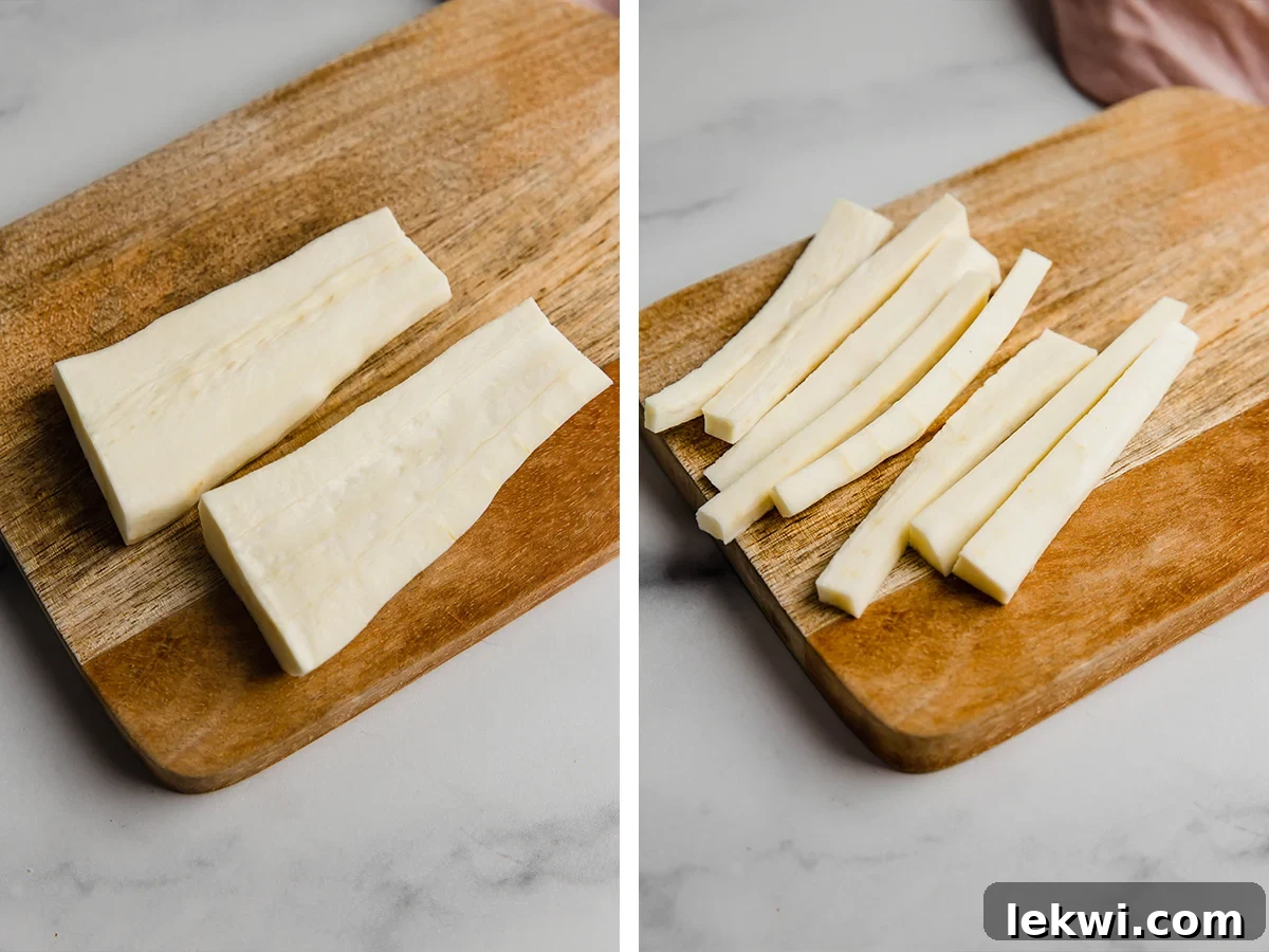 Raw parsnips chopped into uniform fries, ready for seasoning and baking.